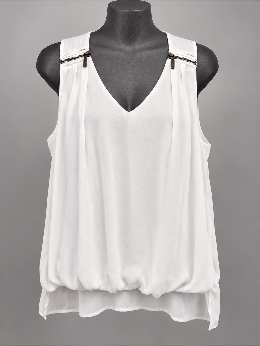 IZ Byer White Sleeveless Tunic Blouse Zip Shoulder High Low Size L - EUC